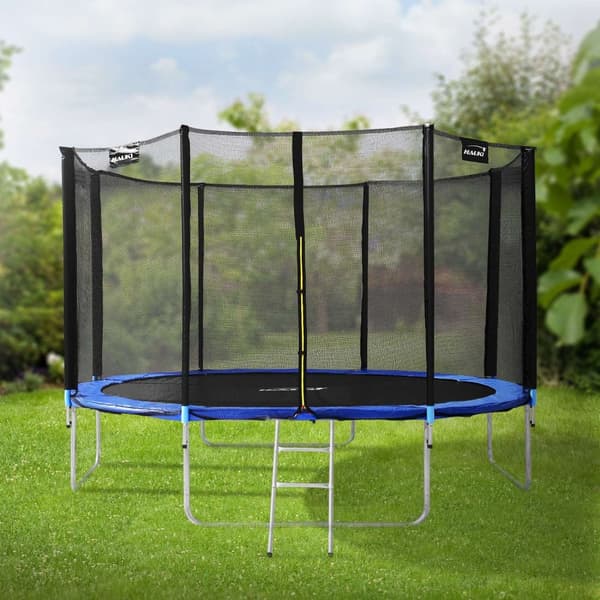 Studsmatta Ø427 cm med skyddsnät, stege och vadderade stolpar Blå upp till 150 kg HAUKI