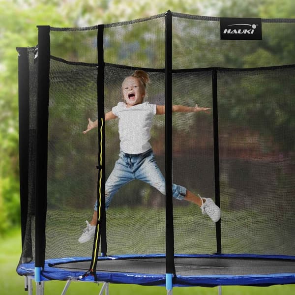 Studsmatta Ø427 cm med skyddsnät, stege och vadderade stolpar Blå upp till 150 kg HAUKI