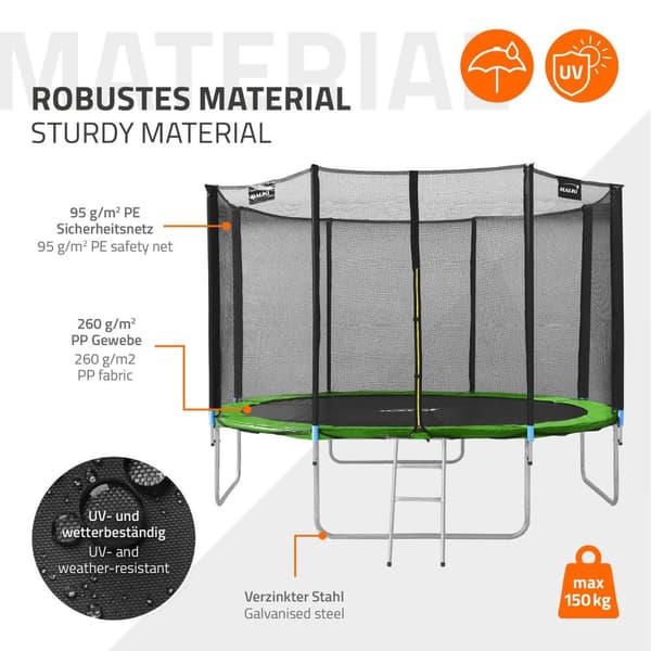 Trampoliini Ø427 cm turvaverkolla, tikkailla ja pehmustetuilla pylväillä Vihreä 150kg asti HAUKI