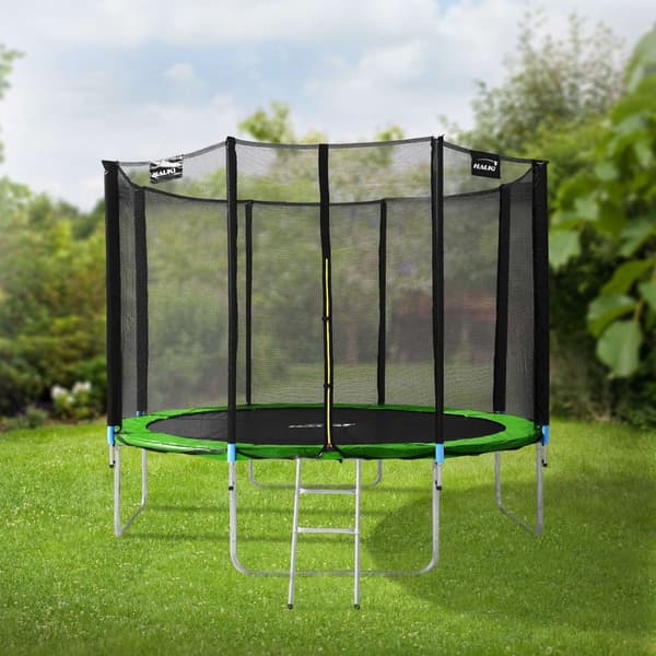 Trampolin Ø366 cm med sikkerhedsnet, stige og polstrede stænger Grøn op til 150 kg HAUKI