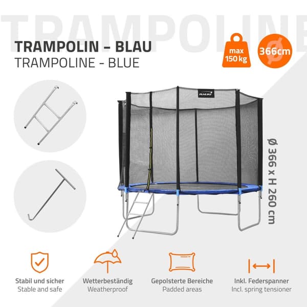 Trampoliini Ø366 cm turvaverkolla, tikkailla ja pehmustetuilla tolpilla Sininen 150 kg:n painoon asti HAUKI