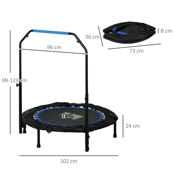 Rootz Fitness Trampolin - Træningsrebounder - Mini Trampolin - Stålramme - 102cm x 99-123cm - Sort+Blå