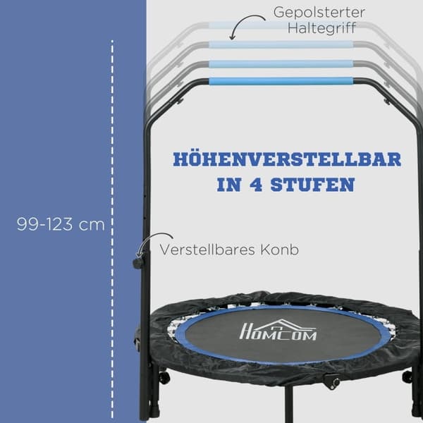 Rootz Fitness Trampolin - Træningsrebounder - Mini Trampolin - Stålramme - 102cm x 99-123cm - Sort+Blå
