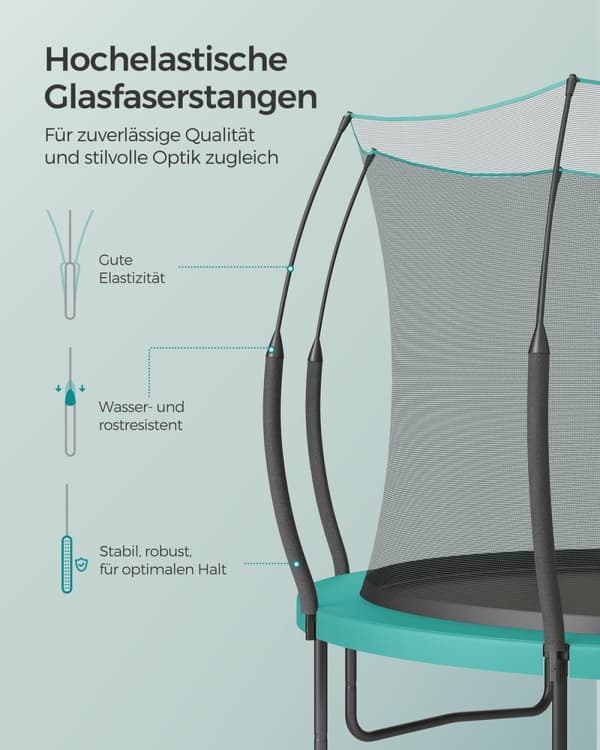 Rootz 12ft studsmatta med dragkedja - Havsblå färg - Galvaniserad stålram - PVC-kantskydd - Glasfiberstolpar - 366cm x 270cm x 90cm
