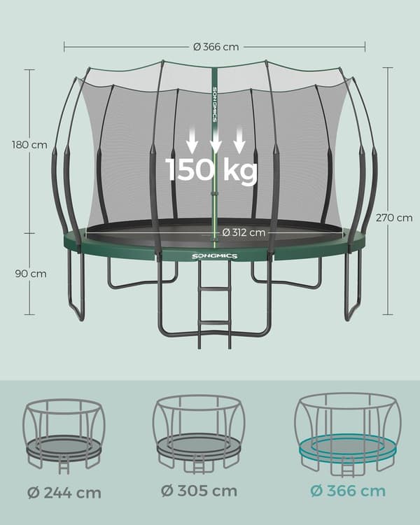 Trampolin - med säkerhetsnät och trappor - Ø366 - Utan fjädrar - Grönt