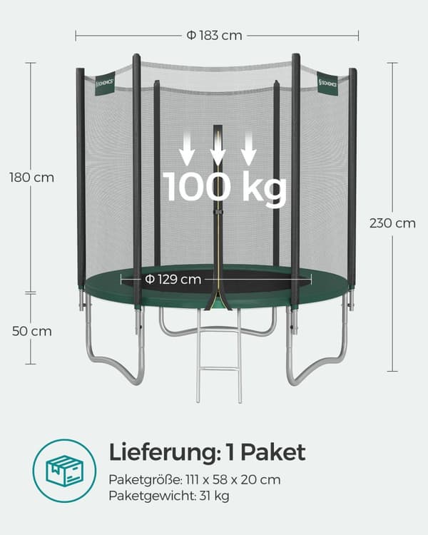 Trampolin - Ø 183 cm - med sikkerhedsnet - mørkegrøn - til udenfor/have