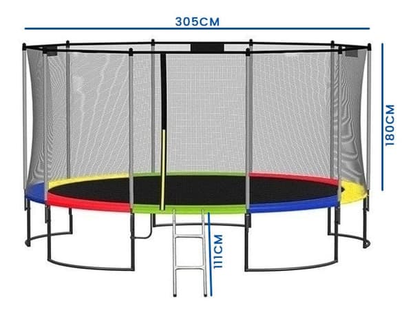 305cm Familjetrampolin med säkerhetsnät & stege - Regnbågsdesign, GS-certifierad
