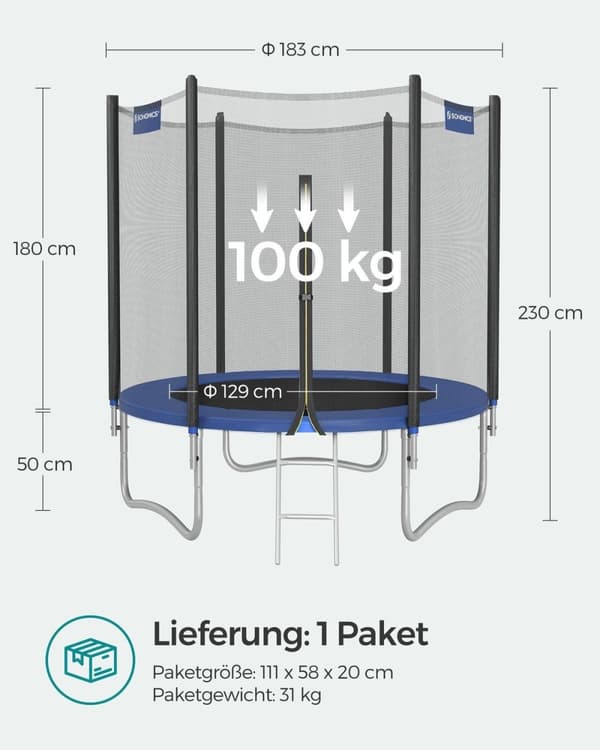 Rootz 10 fod trampolin med sikkerhedskabinet - Rund trampolin - hoppemåtte - galvaniseret stålramme - 183 cm x 230 cm - 100 kg Kapacitet