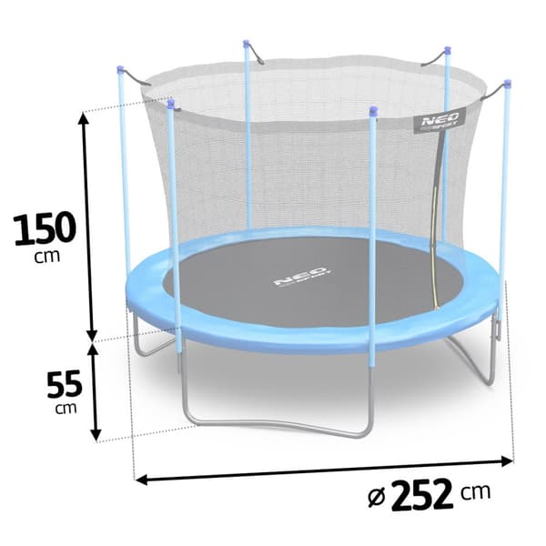 252cm Blå Vuxen Trampolin med Säkerhetsnät & Stege, 120kg Maxbelastning, 2-års garanti