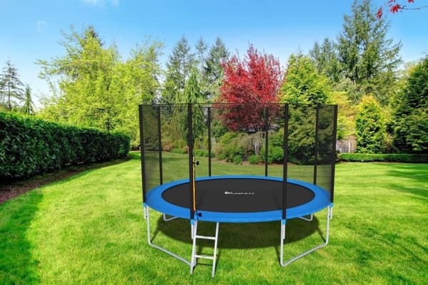 374cm Blå Fitness Trampolin med Sikkerhedsnet & Stige for Sportslige Personer