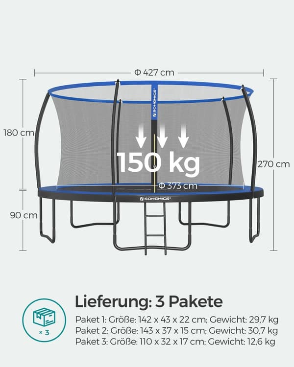 Trampoline Ø 427 cm-med internt netværks-sort-blå