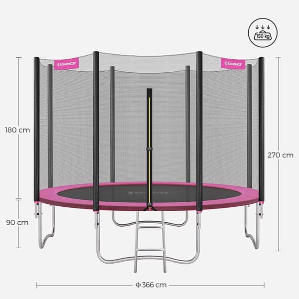 Trampolin - Ø 305 cm - rund trampolin - med sikkerhedsnet, stige og stænger - lyserød