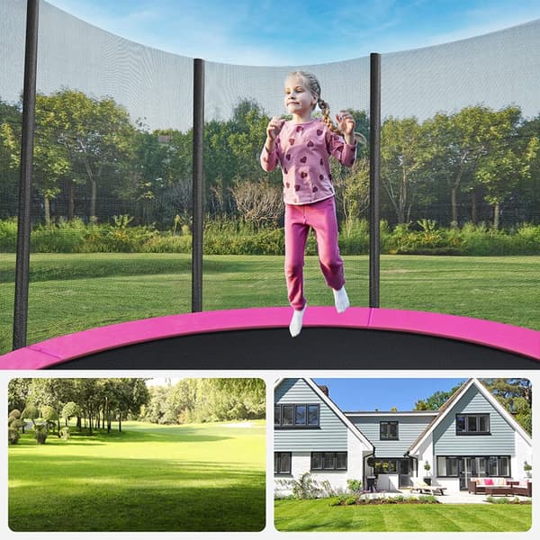 Trampolin - Ø 305 cm - rund trampolin - med sikkerhedsnet, stige og stænger - lyserød