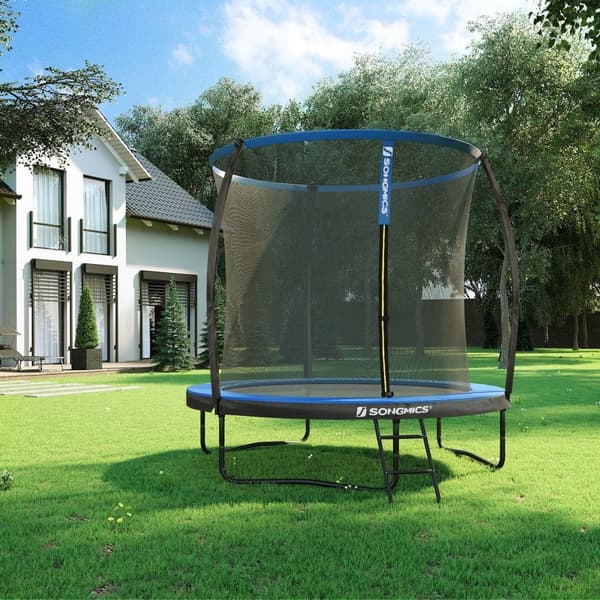 Trampolin - trädgårdstrampolin med säkerhetsnät och trappor - Ø 244 cm - blå