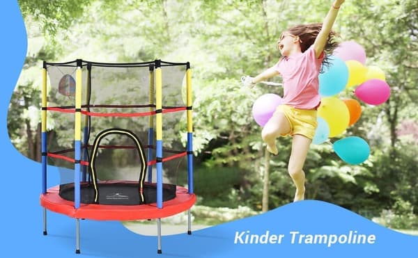 Trampolin til børn, 164x140 cm, Rød havetrampolin, 45 kg, med basketballkurv og sikkerhedsnet