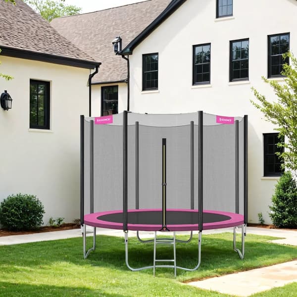 Studsmatta, 305 cm Trampolin för trädgården, 180 cm höga raka stolpar, Stålram, Blå, Rosa