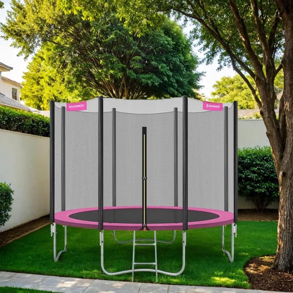 Studsmatta, 305 cm Trampolin för trädgården, 180 cm höga raka stolpar, Stålram, Blå, Rosa