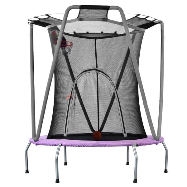 Trampolinsats för barn – rund inomhus- och utomhustrampolin i galvaniserat stål, Ø147 cm, maxvikt 50 kg, lila/grå