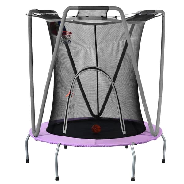 Trampolinsats för barn – rund inomhus- och utomhustrampolin i galvaniserat stål, Ø147 cm, maxvikt 50 kg, lila/grå