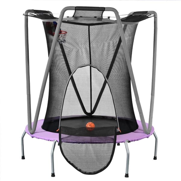 Trampolinsats för barn – rund inomhus- och utomhustrampolin i galvaniserat stål, Ø147 cm, maxvikt 50 kg, lila/grå