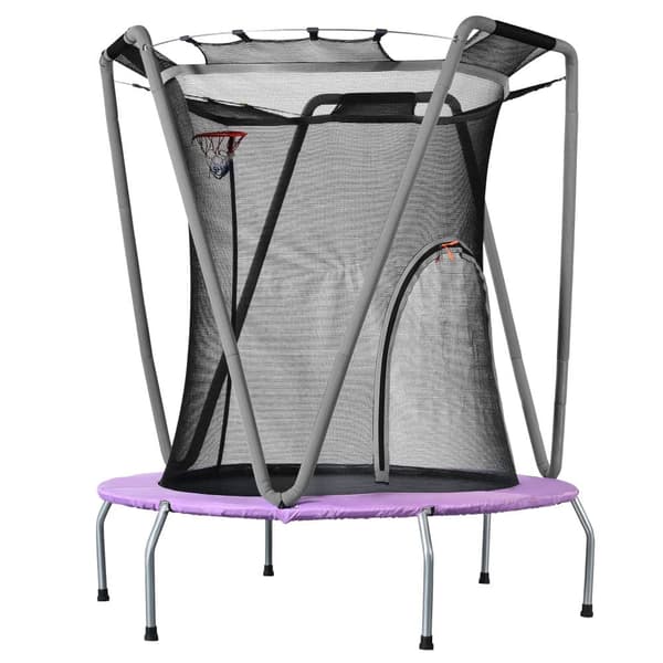 Trampolinsats för barn – rund inomhus- och utomhustrampolin i galvaniserat stål, Ø147 cm, maxvikt 50 kg, lila/grå