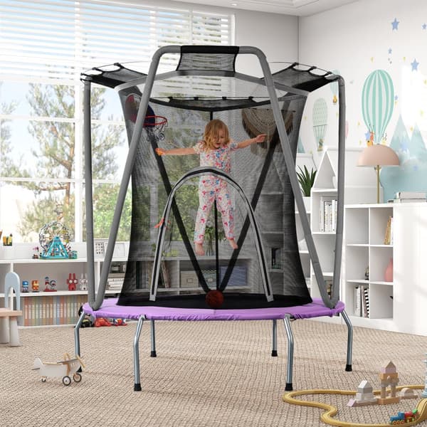 Trampolinsats för barn – rund inomhus- och utomhustrampolin i galvaniserat stål, Ø147 cm, maxvikt 50 kg, lila/grå