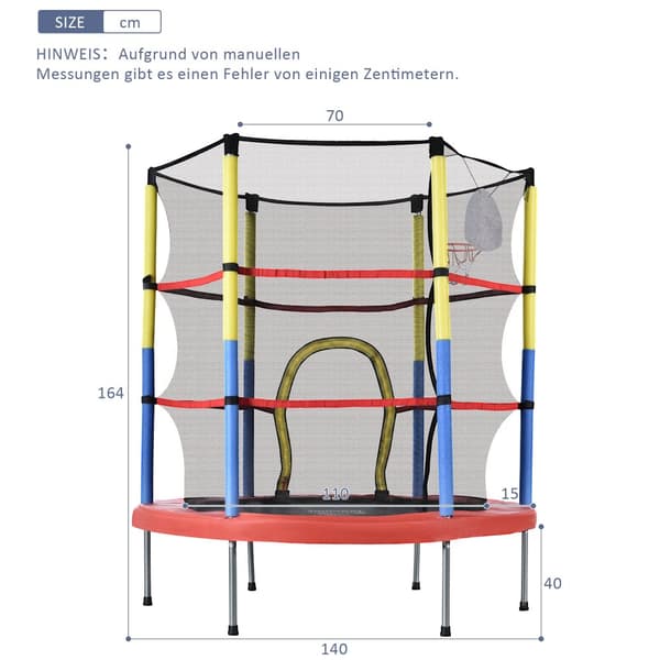 Trampolin för barn med basketkorg – mini inomhus- och utomhustrampolin, maxvikt 45 kg, 164x140 cm, röd/gul/blå