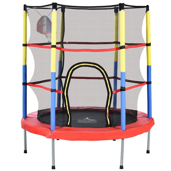 Trampolin för barn med basketkorg – mini inomhus- och utomhustrampolin, maxvikt 45 kg, 164x140 cm, röd/gul/blå