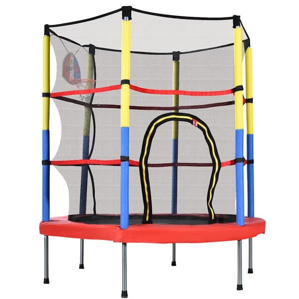 Trampolin för barn med basketkorg – mini inomhus- och utomhustrampolin, maxvikt 45 kg, 164x140 cm, röd/gul/blå
