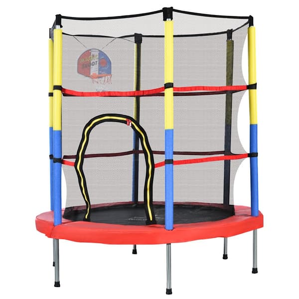 Trampolin för barn med basketkorg – mini inomhus- och utomhustrampolin, maxvikt 45 kg, 164x140 cm, röd/gul/blå