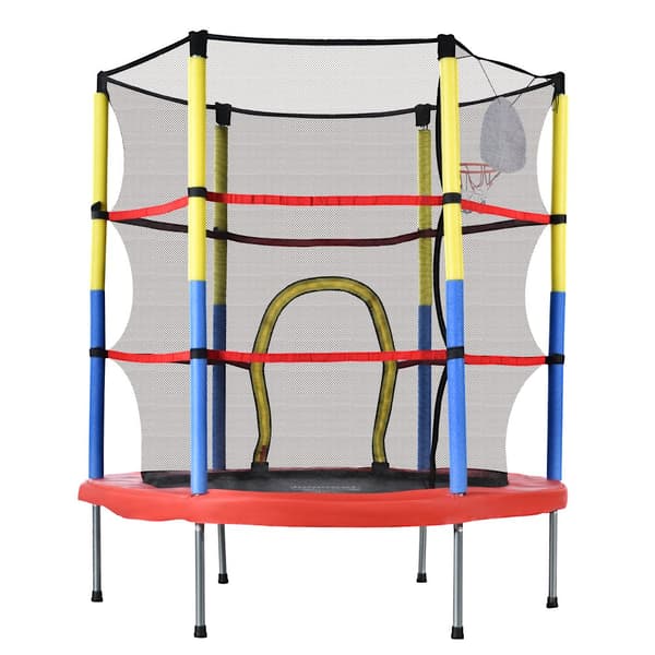 Trampolin för barn med basketkorg – mini inomhus- och utomhustrampolin, maxvikt 45 kg, 164x140 cm, röd/gul/blå