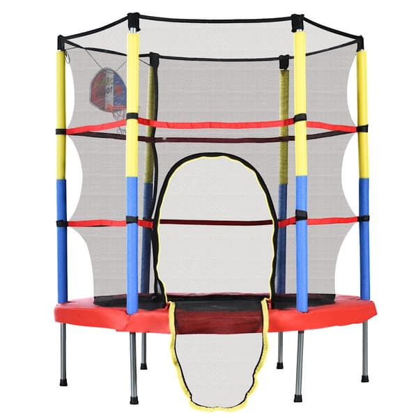 Lasten trampoliini koripallorenkaalla – mini sisä- ja ulkotrampoliini, maksimipaino 45 kg, 164x140 cm, punainen/keltainen/sininen