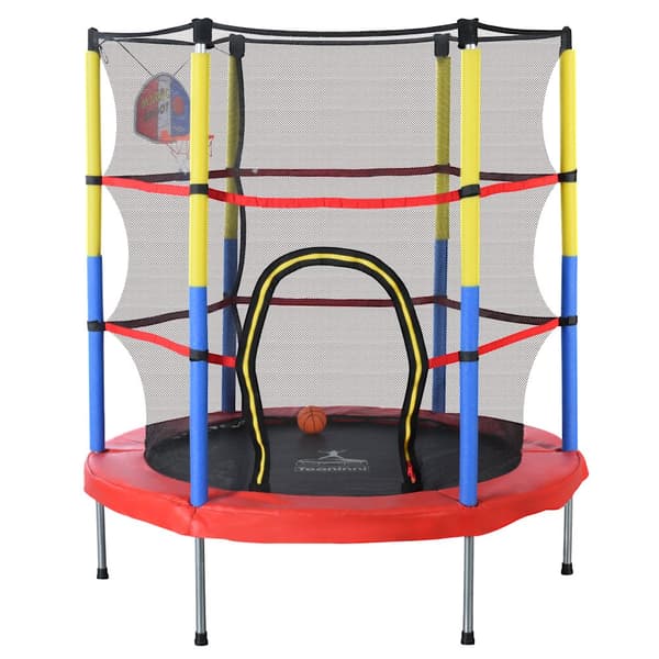Trampolin för barn med basketkorg – mini inomhus- och utomhustrampolin, maxvikt 45 kg, 164x140 cm, röd/gul/blå
