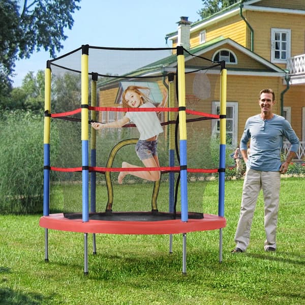 Lasten trampoliini koripallorenkaalla – mini sisä- ja ulkotrampoliini, maksimipaino 45 kg, 164x140 cm, punainen/keltainen/sininen