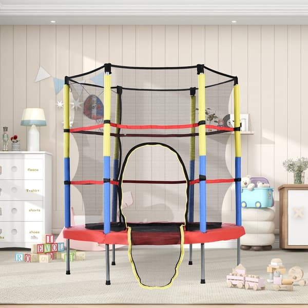 Lasten trampoliini koripallorenkaalla – mini sisä- ja ulkotrampoliini, maksimipaino 45 kg, 164x140 cm, punainen/keltainen/sininen