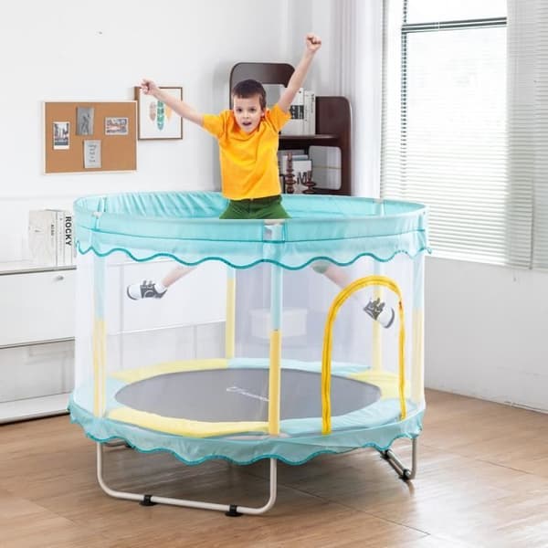 Trampolin för barn utomhus och inomhus ikido, trampolin för trädgårdsspel, trampolin med skyddsnät - blå