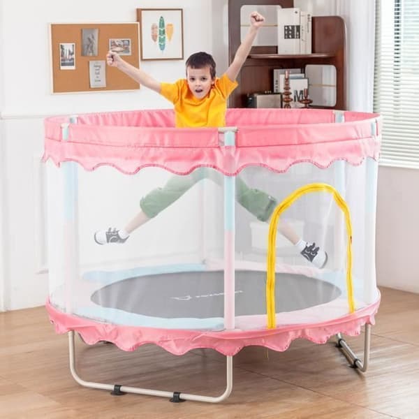 Trampolin för barn utomhus och inomhus ikido, trampolin för trädgårdslek, trampolin med säkerhetsnät - rosa