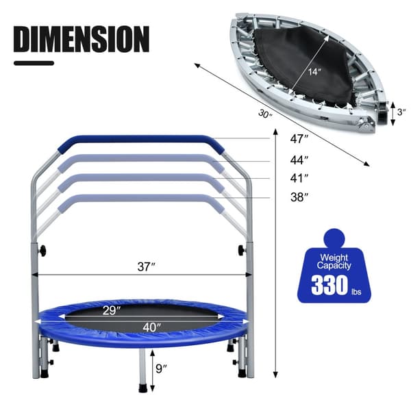 Trampolin til motion, 40x38/41/44/47 tommer, Blå og Sort