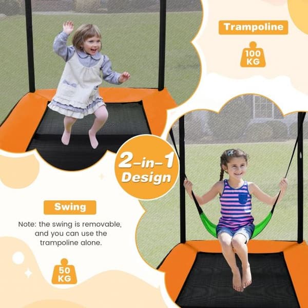 Børne trampolin med gynge og sikkerhedsnet, 190x122x210 cm, Orange
