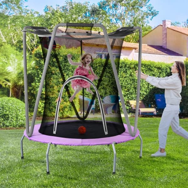 Inomhus- och utomhustrampolin, rund trampolin i galvaniserat stål, lila/grå