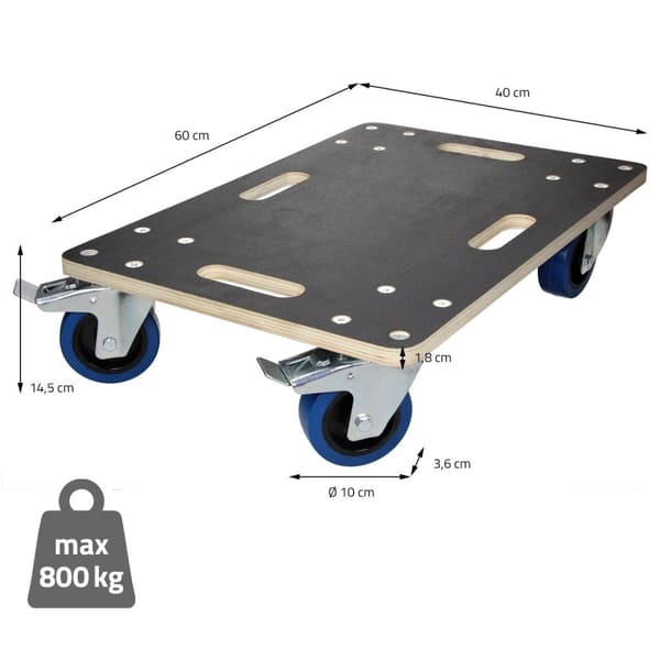 ECD Germany transportrulle med 2x parkeringsbremse 40 x 60 cm op til 800 kg silketrykplade - PP hjul rulletavle møbler rulle transporthjælp til at