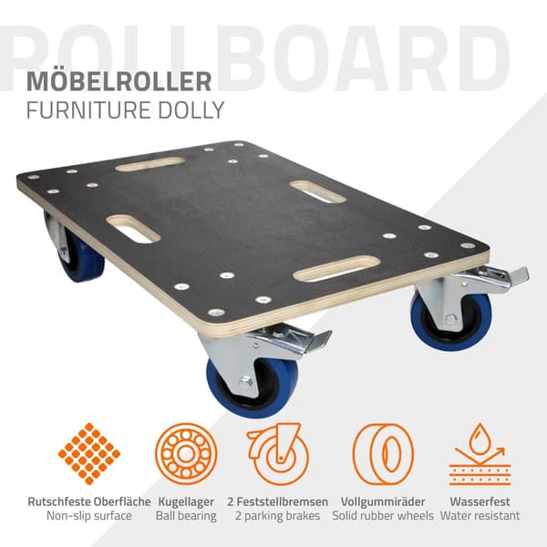 ECD Germany transportrulle med 2x parkeringsbremse 40 x 60 cm op til 800 kg silketrykplade - PP hjul rulletavle møbler rulle transporthjælp til at