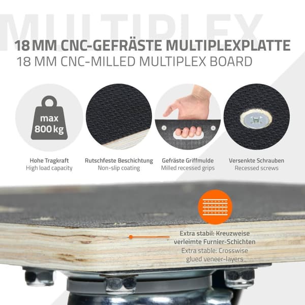 ECD Germany transportrulle med 2x parkeringsbroms 35 x 50 cm upp till 800 kg screentryckplåt - PP-hjul rullbordsmöbler rulltransporthjälp för