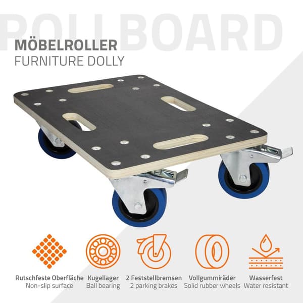 ECD Germany transportrulle med 2x parkeringsbroms 35 x 50 cm upp till 800 kg screentryckplåt - PP-hjul rullbordsmöbler rulltransporthjälp för