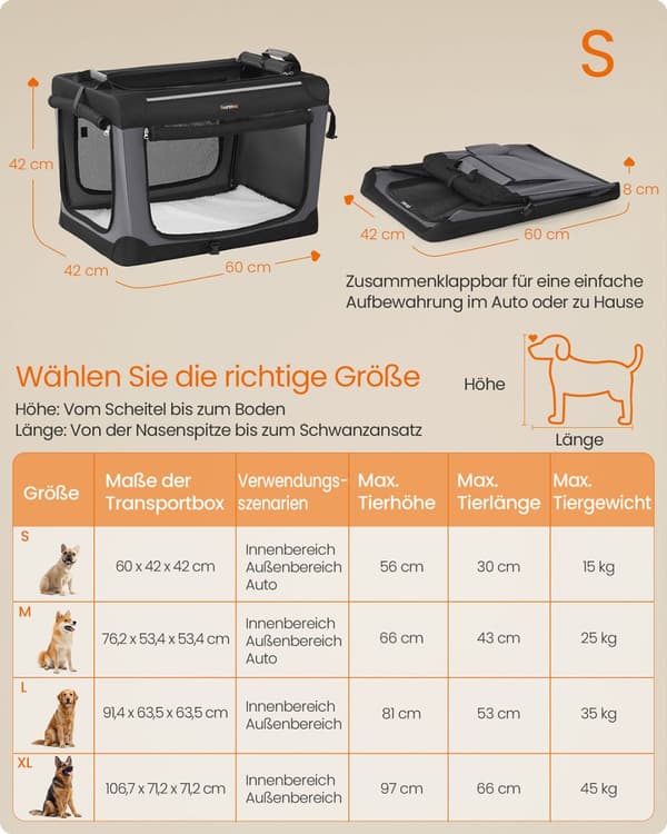 Foldbar hundekasse, Feandrea PDC016B01, 60x42x42 cm, Sort