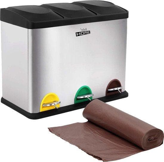 Skräpavfallsseparation med 3 fack - papperskorgen kan slösa bort separering - avfall - avfallsseparation - trio pedal bin - 3 x 15 l - grå - inklusive
