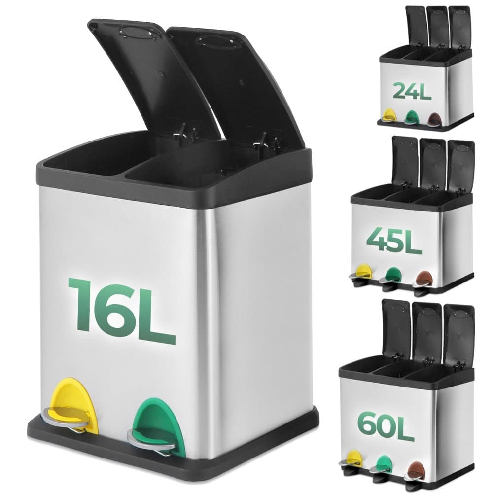 Avfallskärl - 16 liter med 2 fack - rostfritt stål - Handtag - Lock - Avfallssorteringssystem - Pedalavfallskärl (16 liter (2 x 8L) - Papperskorg