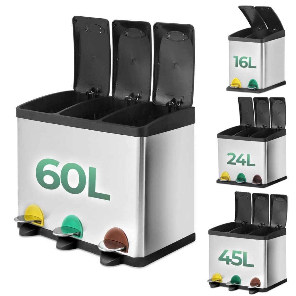 Avfallskärl - 60 liter med 3 fack - rostfritt stål - Handtag - Lock - Avfallssorteringssystem - Pedalavfallskärl (60 liter (3 x 20L)