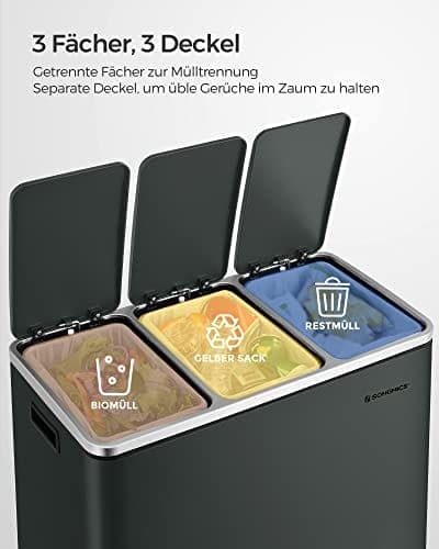 Songmics Recycling Bin, 3 X 18 L Triple Kitchen Bin, 3 Rum Pedal Bin With Soft-Close Låg, Plast