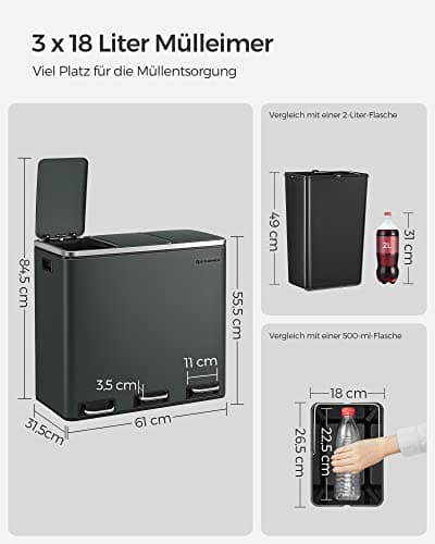 Songmics Recycling Bin, 3 X 18 L Triple Kitchen Bin, 3 Rum Pedal Bin With Soft-Close Låg, Plast